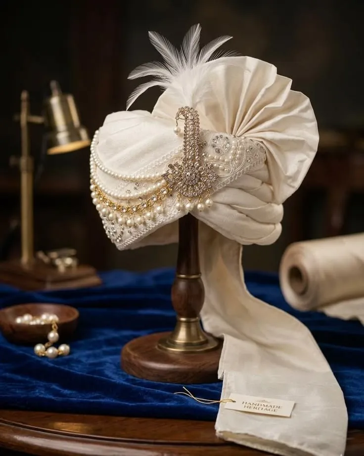 Off-White Groom Turban with Pearl & Crystal Kalgi - Royal Indian Wedding Safa.webp