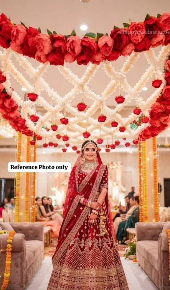 4 x 6  Feet  Big Rose Flower Bridal Entry Chadar, Jasmine With Red Rose Flower Entry Canopy, Bridal Welcome Doli  With 4 Wooden Sticks.webp